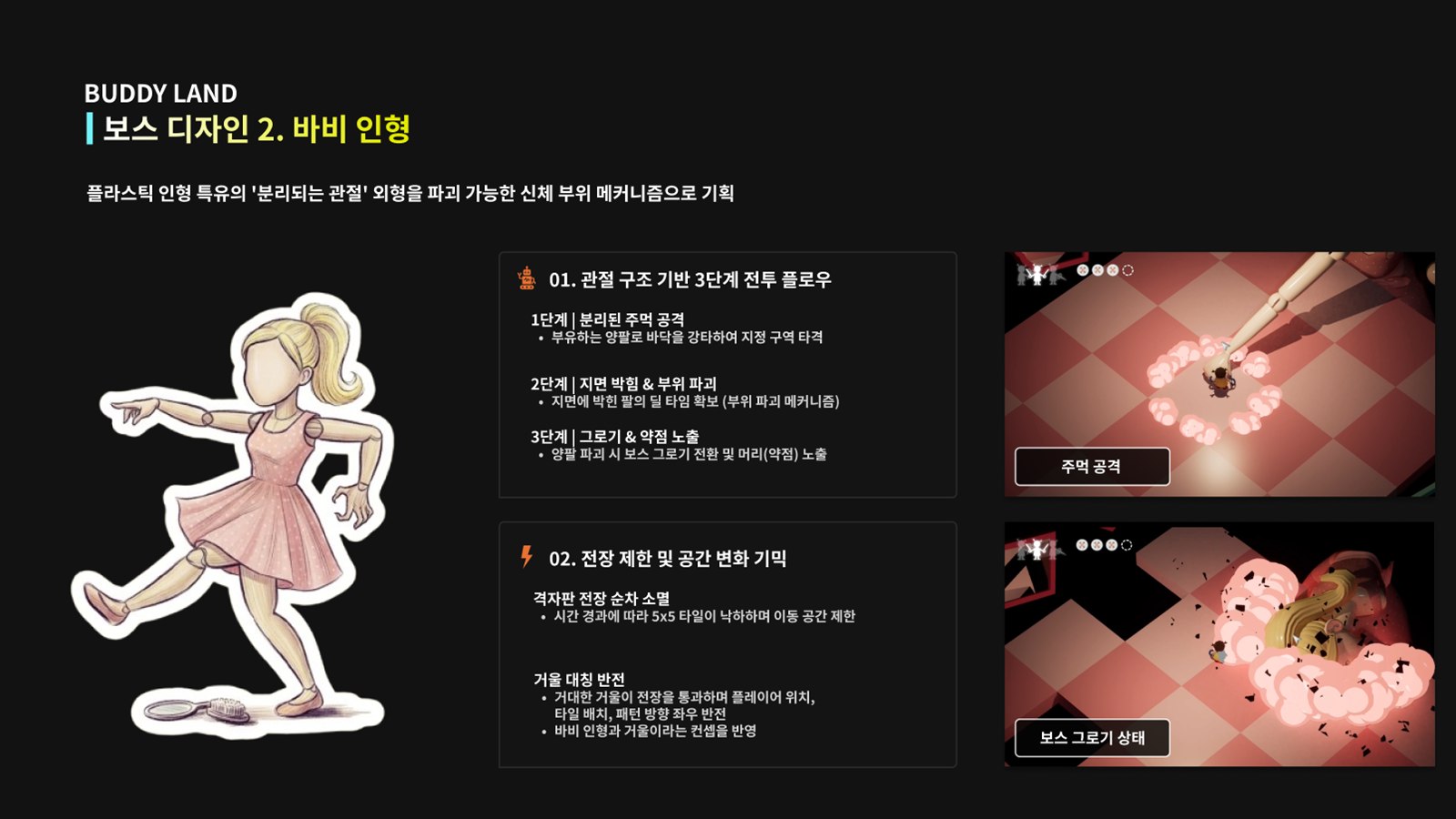 보스 디자인 2 · 바비 인형 — 관절 구조 3단계 전투 플로우, 전장 변화 기믹